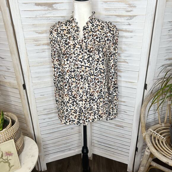MAEVE | ANTHROPOLOGIE 4 Katia Ruffled Button Front Animal Print Top Brown Black - Picture 15 of 16